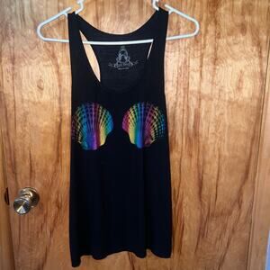 Black Sleeveless Rainbow Mermaid Shell Swimsuit Bathing Suit Cover Up Size Large
